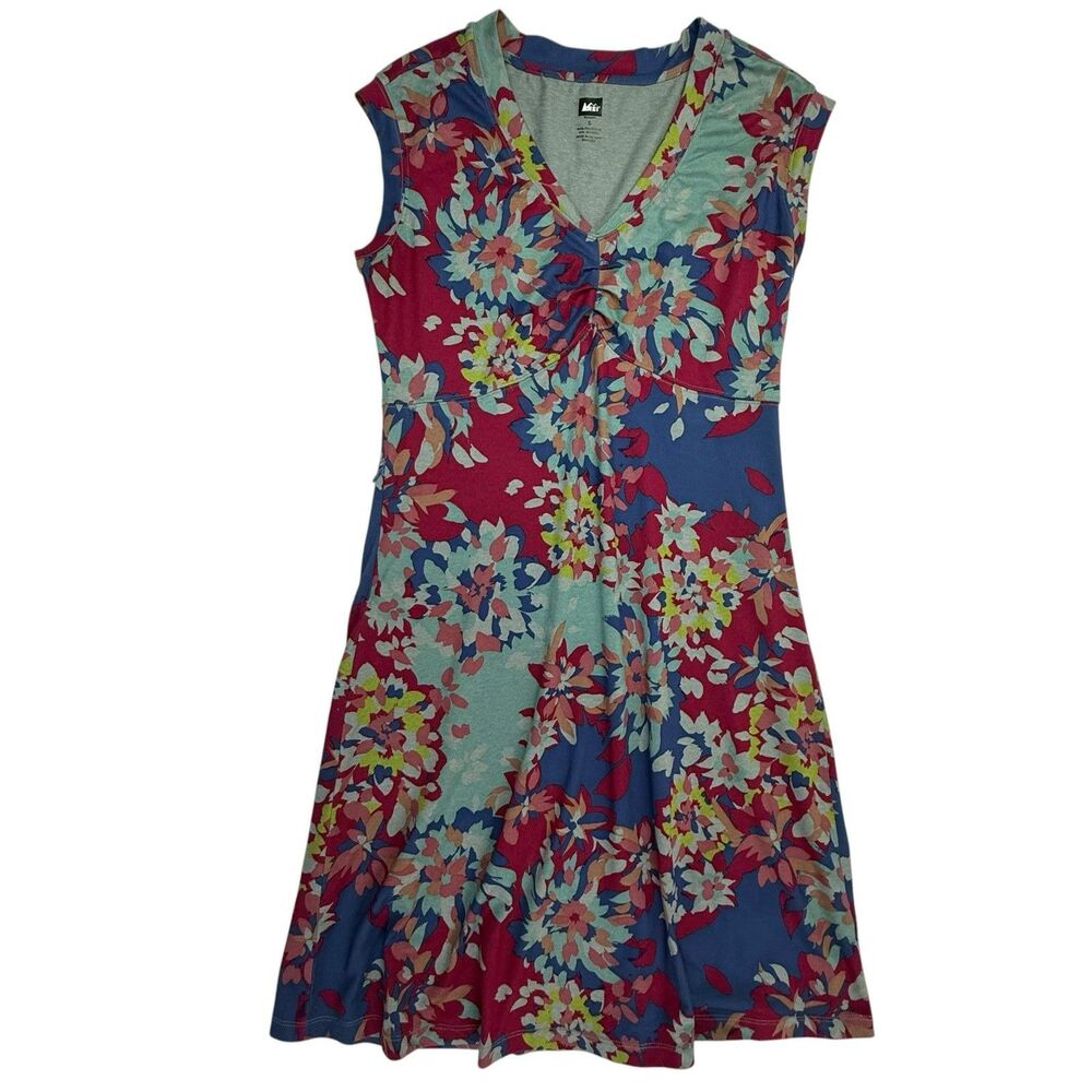 REI Northway Floral A-line Sleeveless V-neck Dress Small Knit Travel Cap Sleeve